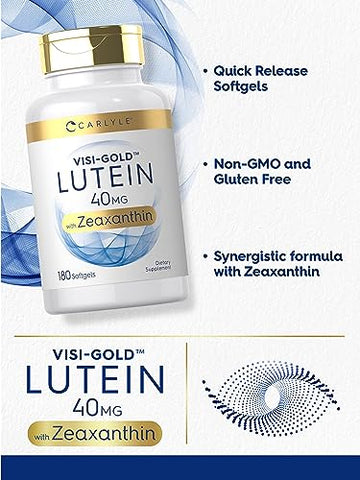 Luteína e Zeaxantina 40 mg | 180 Softgels | Vitaminas para a Saúde dos Olhos | Não-OGM - Carlyle