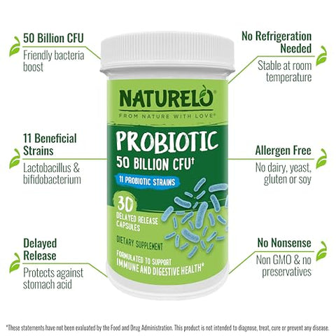 Probióticos para Saúde Digestiva – 50 Bilhões UFC, 11 Cepas Diárias – Reforça o Sistema Imunológico, Liberação Retardada, 30 Cápsulas Vegetarianas - NATURELO