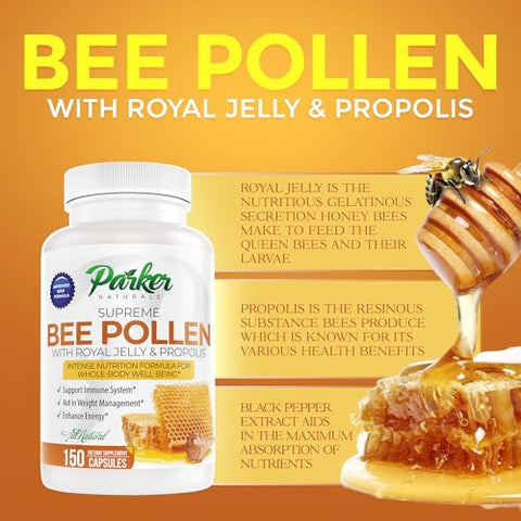 Parker Naturals - Supreme Bee Pollen Capsules – 3520 mg Royal Jelly, Bee Pollen e Bee Propolis – Suplemento Natural de Pólen de Abelha para Adultos – 150 Cápsulas