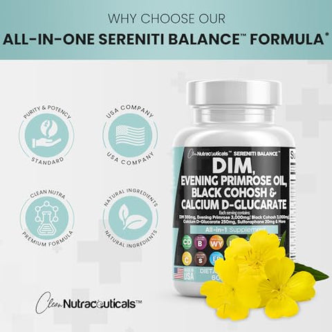 DIM 300mg Óleo de Prímula 3000mg Cohosh Preto 3000mg D-Glucarato de Cálcio 250mg Sulforafano Extrato de Semente de Linhaça – Vitaminas de Suporte Hormonal para Mulheres com - Clean Nutraceuticals