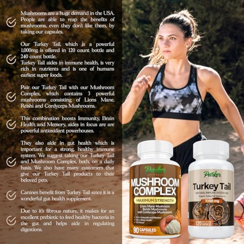 Parker Naturals - Cápsulas de Cogumelo do Rabo de Peru – Suplemento Orgânico de Cogumelo para Apoio à Saúde do Sistema Imunológico – 1000 mg de Suplementos Premium de Cogumelo – 120 Cápsulas