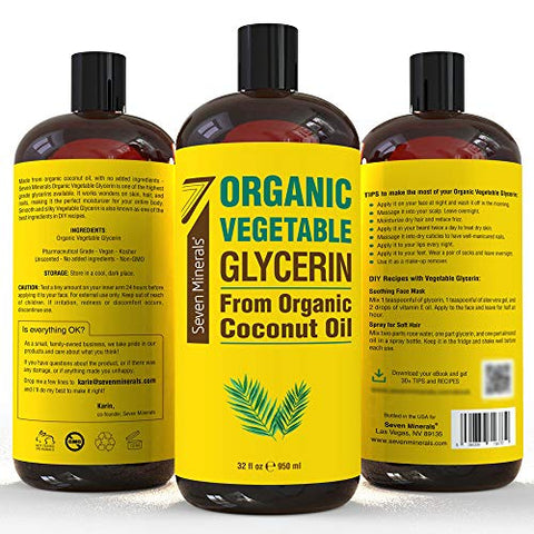 Glicerina Vegetal Orgânica – Frasco Grande de 946 ml – Sem Óleo de Palma, Feito com Óleo de Coco Orgânico – Glicerina de Grau Terapêutico para DIYs – Cabelo, Unhas - Seven Minerals