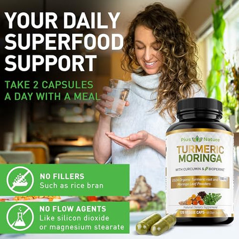 PIUS NATURE - Turmeric Moringa – Cápsulas Vegetais Orgânicas de Cúrcuma Curcumina e Pó Orgânico de Moringa – 120 Cápsulas Veggie para Mulheres e Homens
