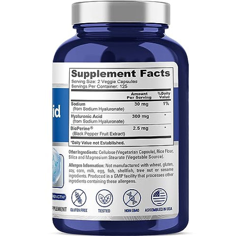 Ácido Hialurônico 300mg 250 Cápsulas Vegetais (Sem OGM, Sem Glúten) - NusaPure