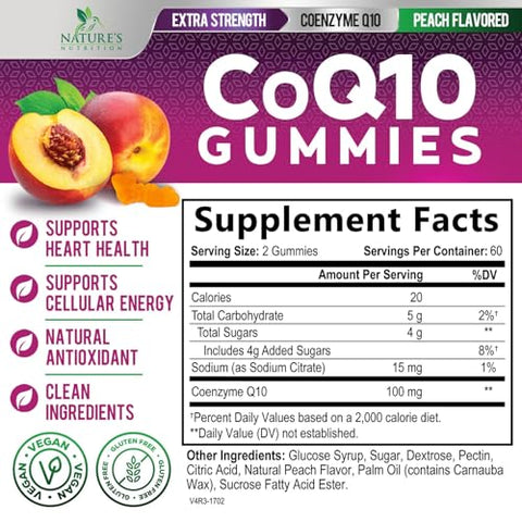 Nature's Nutrition - Gummies de CoQ10 100mg – Suplemento de Coenzima Q10, Antioxidante para Apoio à Saúde Cardíaca