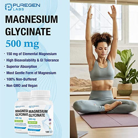 P Puregen Labs - Magnésio Glicinato 500mg [Alta Potência] 120 Cápsulas Vegetais, Quelado para Absorção Superior, Sem OGM, Sem Glúten e Lactose, Suporta Saúde Muscular, Articular e Cardíaca