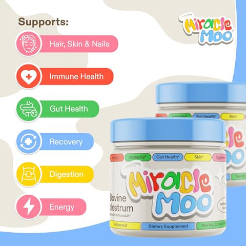 Miracle Moo - Suplemento de Colostro para Saúde Intestinal, Crescimento Capilar, Beleza e Suporte Imunológico – Pó Bovino de Pasto Fácil de Misturar – Maior IgG Plus ImmunoLin, Sem Sabor, 60 Porções