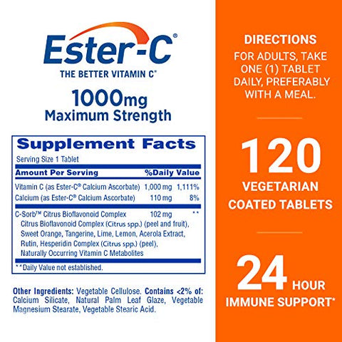 1000 mg – 120 Comprimidos Revestidos, Reforço do Sistema Imunológico, Suplemento Amigo do Estômago, Sem Glúten - Ester-C
