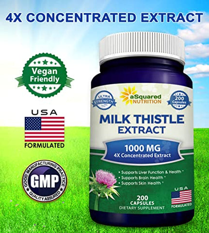 Cápsulas de Cardo de Leite 1000mg-200, Extrato Concentrado 4X 4:1 em Pó de Semente de Cardo de Leite, 1000mg de Extrato de Silimarina para o Fígado - aSquared Nutrition