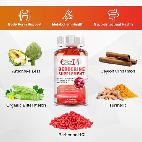 Alliwise - Gomas de Berberina sem Açúcar, 1500mg de Berberina HCL Original com Canela do Ceilão, Quercetina, Multivitamina, Suporte Imunológico