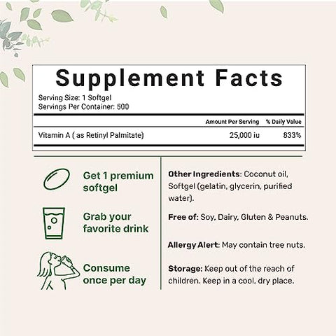 Vitamina A 25000 UI | 500 Softgels com Óleo de Coco para Melhor Absorção | Vitaminas Essenciais para Visão, Crescimento | Marca Micro Ingredients - Micro Ingredients