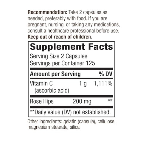 Nature's Way - Vitamina C Nature’s Way com Rose Hips – Proteção Antioxidante Poderosa – Suporte à Função Imunológica – Fortalece o Colágeno para uma Pele Saudável – Livre de Glúten – 250 Cápsulas