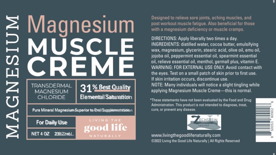living the good life naturally - Creme Muscular de Magnésio Natural para Alívio da Dor – Blue Emu, Hortelã-Pimenta, Mentol e Cloreto de Magnésio para Recuperação Muscular – 120g