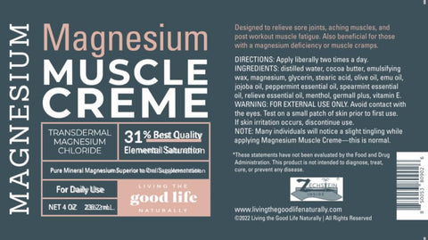 living the good life naturally - Creme Muscular de Magnésio Natural para Alívio da Dor – Blue Emu, Hortelã-Pimenta, Mentol e Cloreto de Magnésio para Recuperação Muscular – 120g