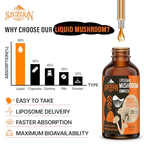SZCZEKIN - Gotas Complexas de Cogumelo Lipossomal 2000 MG – 20 Extratos Orgânicos de Cogumelos – Fórmula Líquida Avançada para Imunidade, Cognição e Memória – Suplemento de Cogumelo do Leão, Reishi, Cordyceps