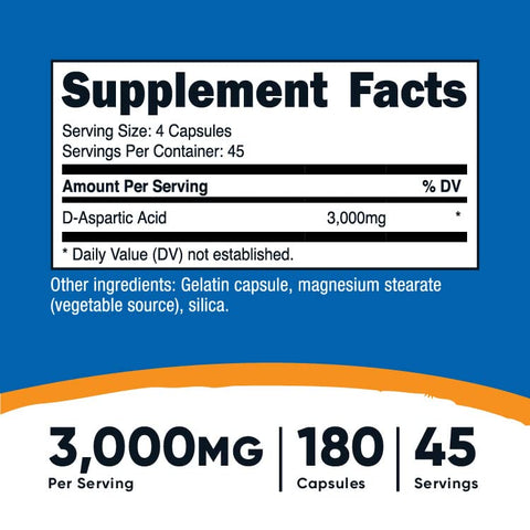D-Aspartic Acid (DAA) 3000mg – 180 Cápsulas – Sem OGM - Nutricost