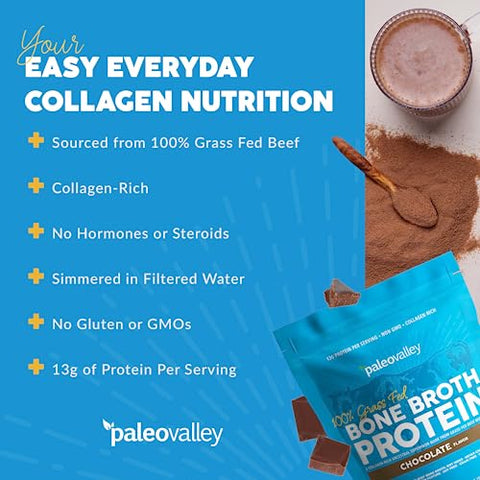 Proteína em Pó de Caldo de Osso 100%% Alimentado com Grama – Chocolate – Rico em Colágeno para Cabelo, Pele, Saúde Intestinal, Suporte Ósseo e Articular – 28 Porções - Paleovalley