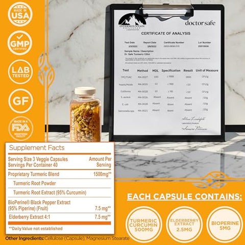DOCTOR SAFE - Cúrcuma Curcumina com Extrato de Pimenta Preta 1500mg – Alta Absorção Suplemento de Cúrcuma Ultra Potente com 95% Curcuminoides e BioPerine – Cápsulas de Cúrcuma sem OGM para Articulações