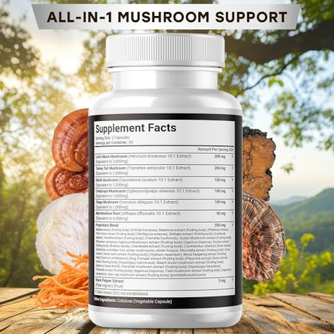 JB Wellness Co - Lions Mane 3000mg + Turkey Tail 2000mg + Reishi 1000mg + Cordyceps 1000mg + Chaga 1000mg + Marshmallow Root 180 Cápsulas | Suporte Cognitivo e Imunológico | Saúde com 20in1 Cogumelo | Marca em Destaque