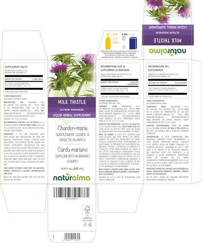 Leite de Cardo (Silybum marianum) Fruta e Erva Tintura sem Álcool – Extrato Líquido de 500 ml em Gotas – Vegano - Naturalma