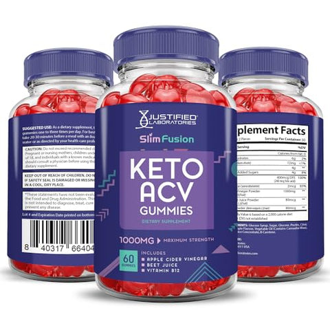 Justified Laboratories - Slim Fusion Keto ACV Gummies 1000MG Avançado Fórmula de Gomas Slimfusion Keto com Vinagre de Maçã, Romã e Beterraba em Pó B12 Vegano Não GMO 60 Gomas
