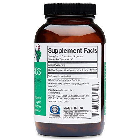 Cápsulas de Pó de Suco de Capim de Trigo Orgânico por Sproutman – 100% Puro Capim de Trigo – Auxilia a Digestão – Rico em Vitaminas, Antioxidantes, Clorofila, Enzimas, Minerais
