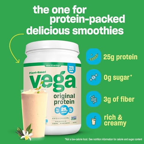 Original Pó de Proteína, Mistura Cremosa de Proteína Vegetal com Sabor de Baunilha para Água, Leite e Smoothies, 32,5 oz (910 g) - Vega