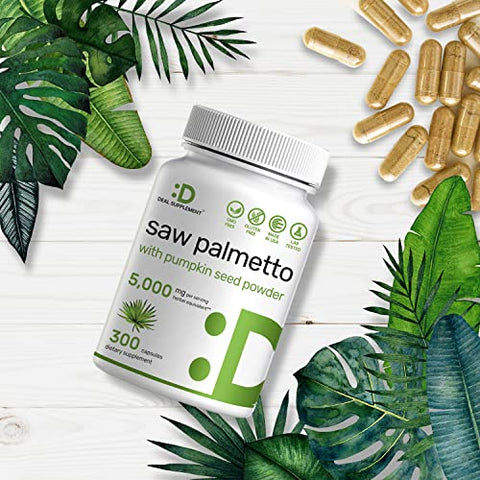 DEAL SUPPLEMENT - Saw Palmetto 5000mg com Semente de Abóbora, 300 Cápsulas | Saúde da Próstata | Bloqueador de DHT | Vitaminas para o Crescimento Capilar, Manutenção da Frequência Urinária Normal