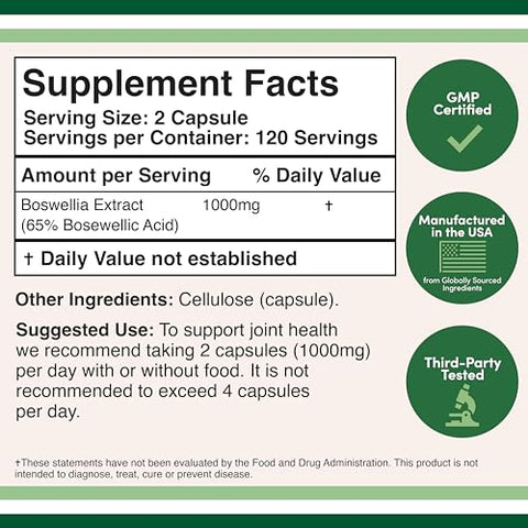 Double Wood Supplements - Boswellia Serrata – 240 Cápsulas (Máxima Potência 1.000mg de Extrato de Ácido Boswélico 65%) Cápsulas de Extrato de Boswellia (Suplemento de Suporte Articular para a Saúde das Articulações) Testado por Terceiros