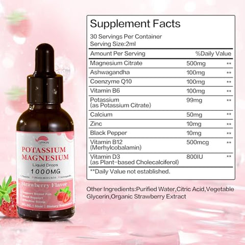VPKIN - Suplemento de Citrato de Potássio e Magnésio, Gotas Líquidas de Magnésio com Glicinato de Magnésio 1000mg, Ashwagandha e Zinco, Suporte Calmo – Marca em Destaque