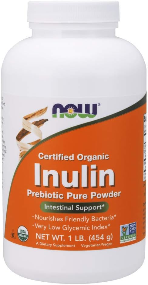 Suplementos, Pó Puro de Inulina Prebiótica Certificado Orgânico, Verificado pelo Projeto Non-GMO, Suporte Intestinal*, 454g - NOW Foods