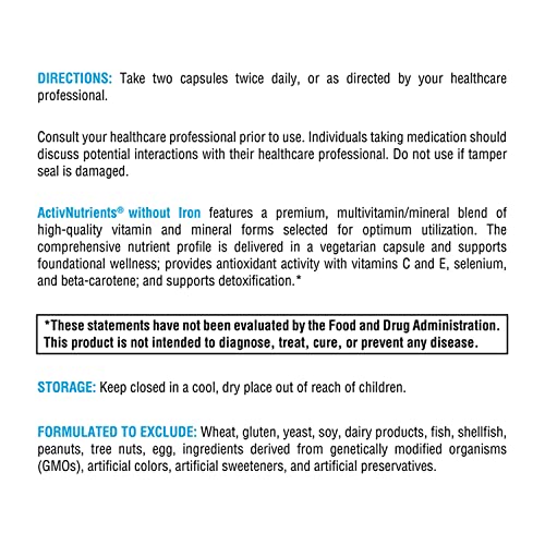 ActivNutrients Sem Ferro – Multivitamínico Multimineral para Bem-Estar, Imunidade, Energia e Suporte ao Humor – Minerais Quelados, Vitaminas B Ativas com Ácido Fólico (240 Cápsulas) - XYMOGEN