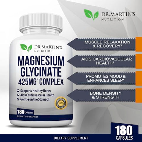 DR. MARTIN'S NUTRITION - Premium Magnesium Glycinate 425mg – 180 Cápsulas Veganas – Auxilia no Alívio do Estresse, Sono e Cãibras Musculares