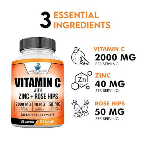 Vitamina C 2000mg, Zinco 40mg e Rose HIPS 50mg Por Porção – Vegano, Sem Glúten, Não-OGM, 120 Cápsulas, 60 Porções - American Standard Supplements