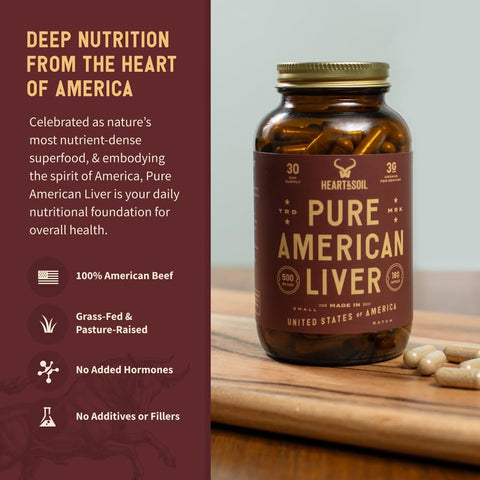 HEART & SOIL - Cápsulas de Fígado Bovino Americano Puro – Suplemento de Fígado Bovino Alimentado com Capim – Rico em Vitaminas, Minerais, Peptídeos e Enzimas – Fígado Bovino Alimentado com Capim Liofilizado – 180 Cápsulas de Fígado