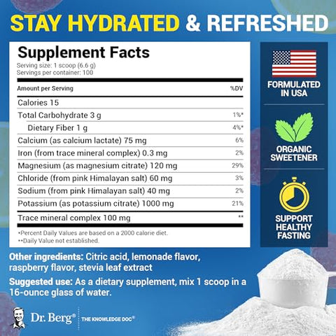 Dr. Berg Nutritionals - Dr. Berg Zero Sugar Hydration Keto Electrolyte Powder – 1000 mg de Potássio – Hidratação Sem Açúcar