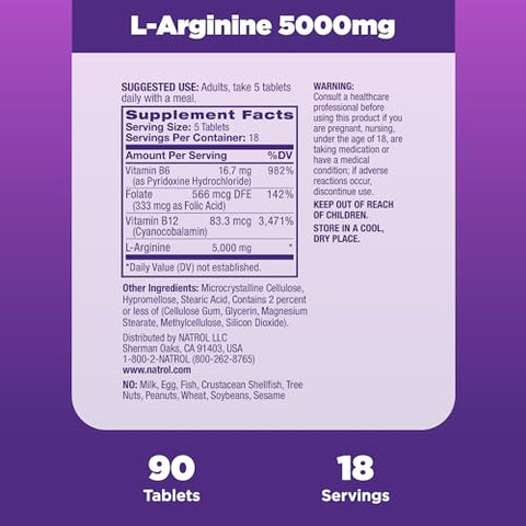 L-Arginine Tablets: Potencialize sua performance com saúde vascular e sexual. Fórmula Extra Forte com Óxido Nítrico e Complexo de Vitaminas B - Natrol
