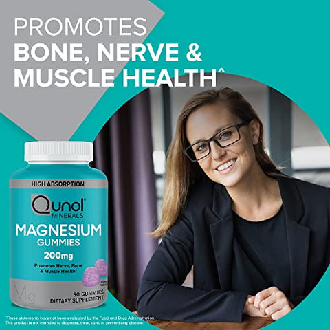 Gummies de Magnésio para Adultos, 200mg Citrato de Magnésio de Alta Absorção, Suporte para Saúde dos Nervos/Ossos, Saúde Muscular, Vegetariano, 90 Unidades (embalagem de 1) - Qunol
