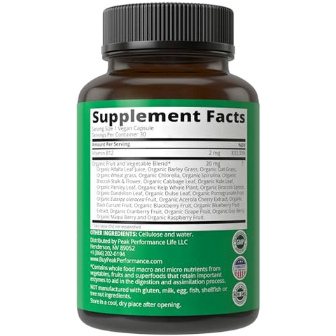 Peak Performance - Vitamina B12 Methylcobalamin – Blend de 25 Vegetais e Frutas para Máxima Absorção. Energia, Foco e Alívio. 30