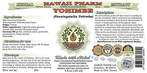 Yohimbe Líquido Extrato Sem Álcool, Glicerito de Casca Seca de Yohimbe (Pausinystalia Yohimbe), Suplemento Herbal Natural, Hawaii Pharm, EUA 118 ml