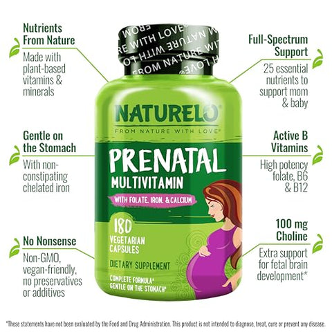 Prenatal Multivitamínico com Ferro Quelato Suave, Metilfolato e Cálcio Vegetal – Marca NATURELO - NATURELO