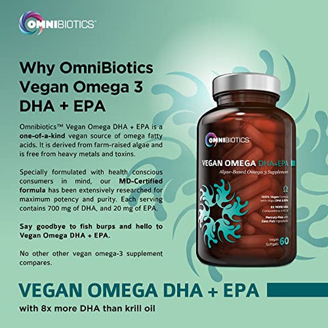 OmniBiotics - Suplemento Vegan Omega 3 DHA EPA – Certificado MD Prenatal Vegan DHA com EPA | 8X Mais DHA que Óleo de Krill | Ômega 3 Vegano Livre de Peixes
