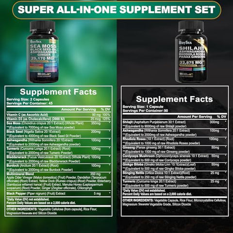 Pacote de Sea Moss e shilajit – 90 unidades – Sea Moss 7000mg, Óleo de Semente Preta 4000mg, Ashwagandha 2000mg, Gengibre – Marca Boysea - Boysea