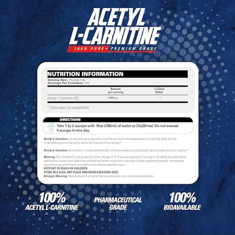 Acetyl L Carnitine em Pó – Energia Natural, Função Cerebral Saudável, Saúde do Coração – Vegano, Sem Glúten, Não Transgênico – 100 Porções - EHP Labs