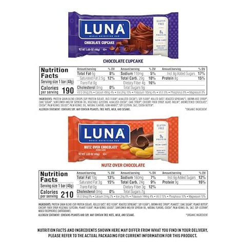 Luna Bar - LUNA Bar – Pack Sortido – Nutz Over Chocolate e Chocolate Cupcake – Sem Glúten – Não-OGM – 8-9g Proteína – Feito com Aveia Orgânica – Baixo Índice Glicêmico – 1,69 oz (12 Unidades)