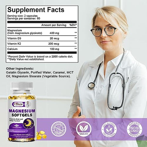 Alliwise - Magnésio Glicinato de Alta Absorção 400mg Cápsulas Softgels, 400 mg de Magnésio Elemental com 100mg de Cálcio – Altamente Bio disponível – com Vitamina D3