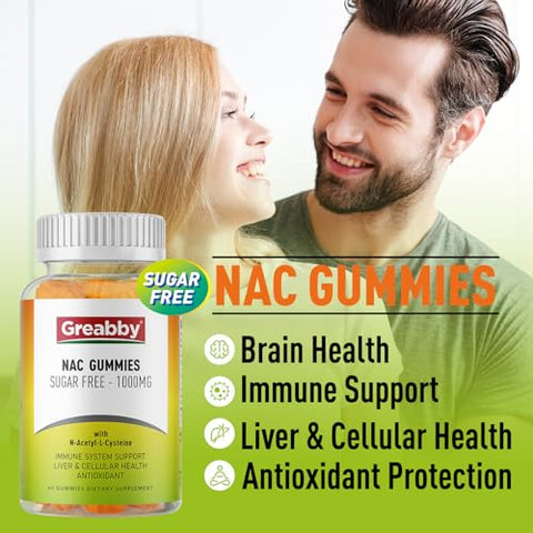 GREABBY - NAC Gummies Sem Açúcar, Suplemento NAC 1000mg para Antioxidantes, Pulmão | Marca NAC Gummies