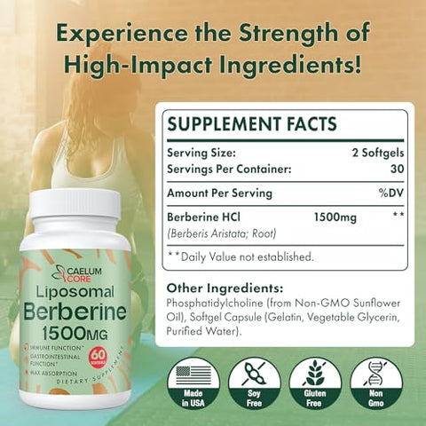 CaelumCore - Liposomal Berberine 1500mg – Ativa AMPK e GLP-1 – Mulheres e Homens (60 Cápsulas)