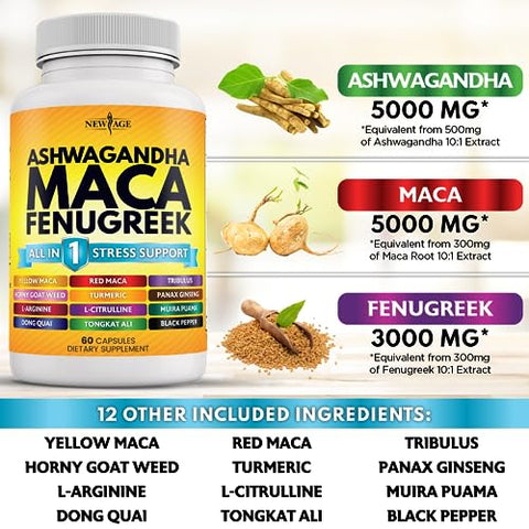 Suplemento NEW AGE Ashwagandha 5000mg Maca Root 5000mg Fenugreek 3000mg com Tongkat Ali Ginseng – Melhora o Humor Geral – Fabricado nos EUA – 120 Comprimidos