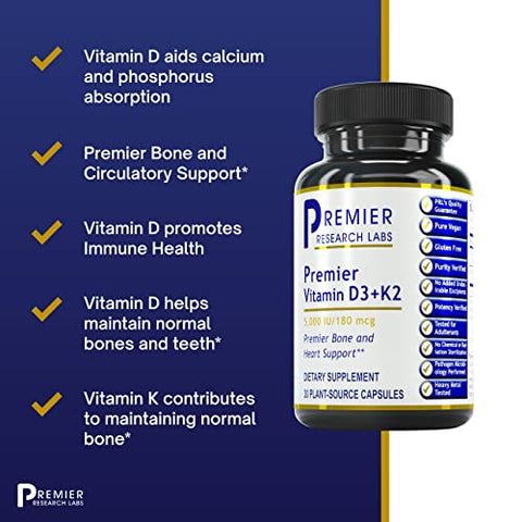 Suplemento de Vitamina D3 K2 | Suporte Ósseo e Saúde Cardíaca | Livre de Glúten – 5000 UI Suplementos Veganos – Qualidade Testada | 30 Fontes Vegetais - Premier Research Labs